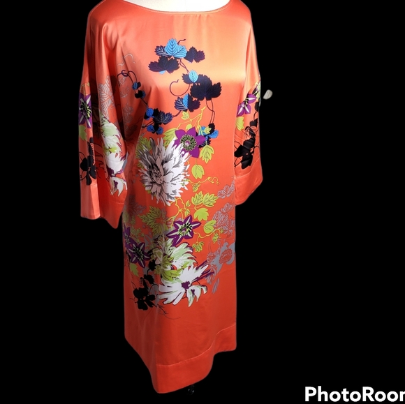 Polynesian Floral Shift Soft Suroundings Asain Vibe Satiny Bold Dress - Picture 10 of 12